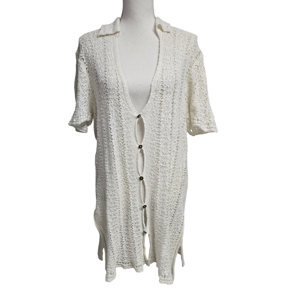 Free People Crochet Knit Button Front Cardigan Top Beach Cream Women's Size L